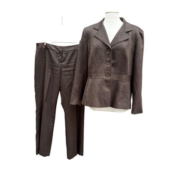 Larry Levine‎ Classics Womens Brown Herringbone Pantsuit 2 Pc Easy Care Size 18 - Picture 1 of 13